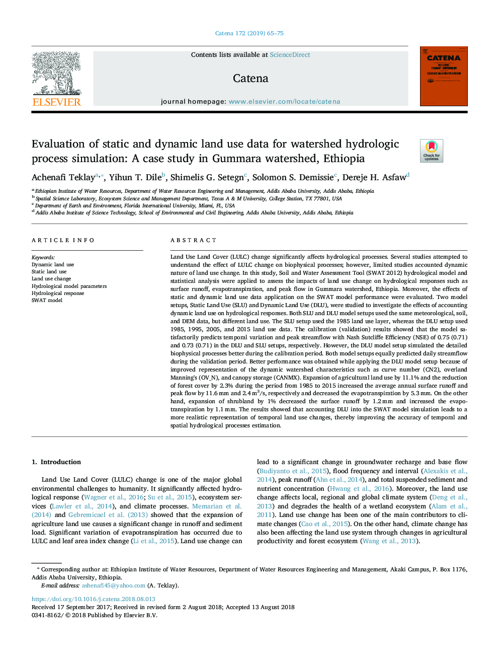ارزیابی داده های استفاده از داده های استاتیک و دینامیکی برای شبیه سازی هیدرولوژیکی حوضه: مطالعه موردی در حوضه ی گوممارا، اتیوپی