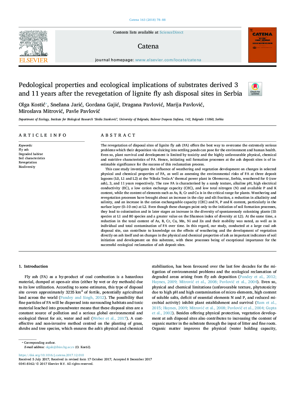 Pedological properties and ecological implications of substrates derived 3 and 11Â years after the revegetation of lignite fly ash disposal sites in Serbia