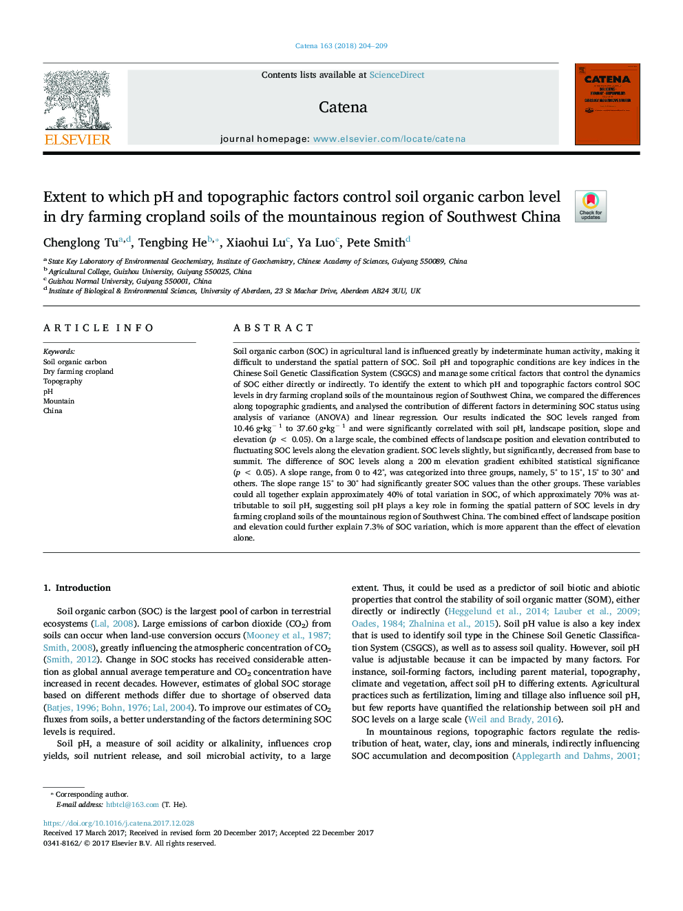 Extent to which pH and topographic factors control soil organic carbon level in dry farming cropland soils of the mountainous region of Southwest China