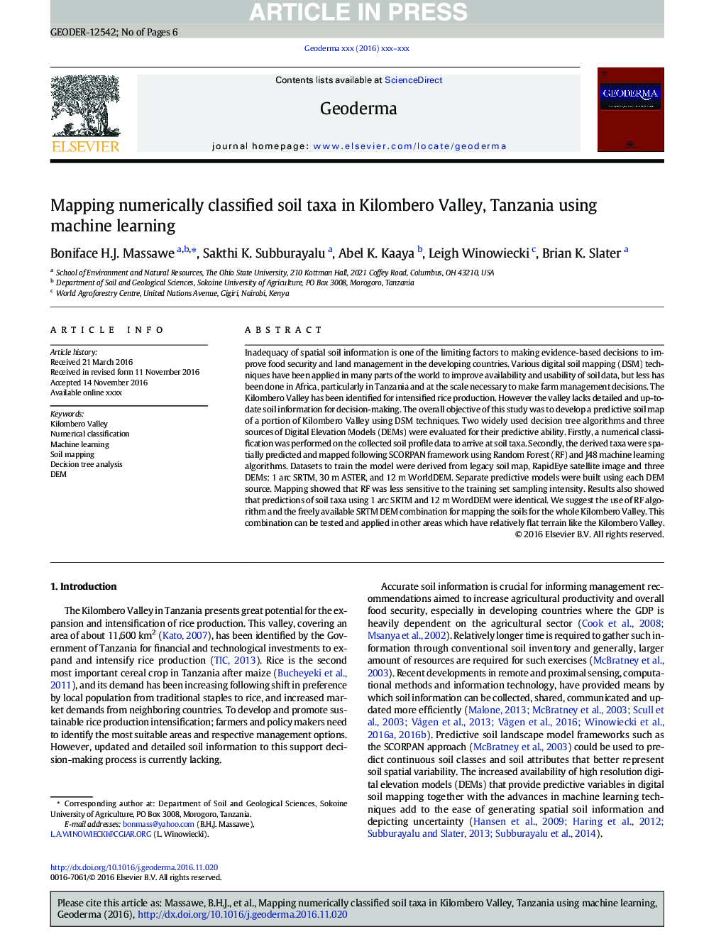 Mapping numerically classified soil taxa in Kilombero Valley, Tanzania using machine learning