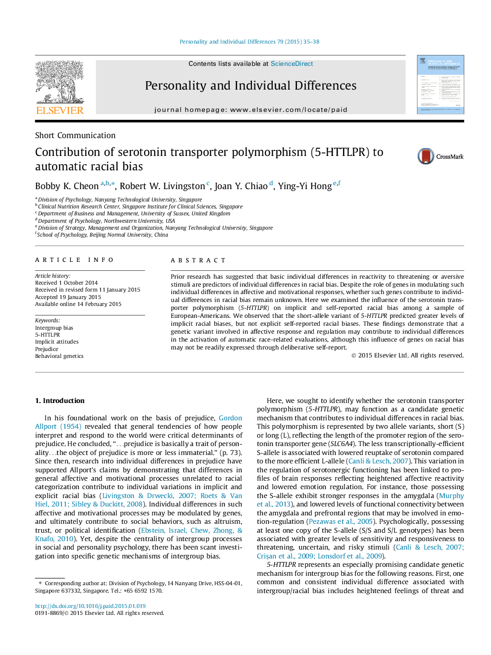 Contribution of serotonin transporter polymorphism (5-HTTLPR) to automatic racial bias