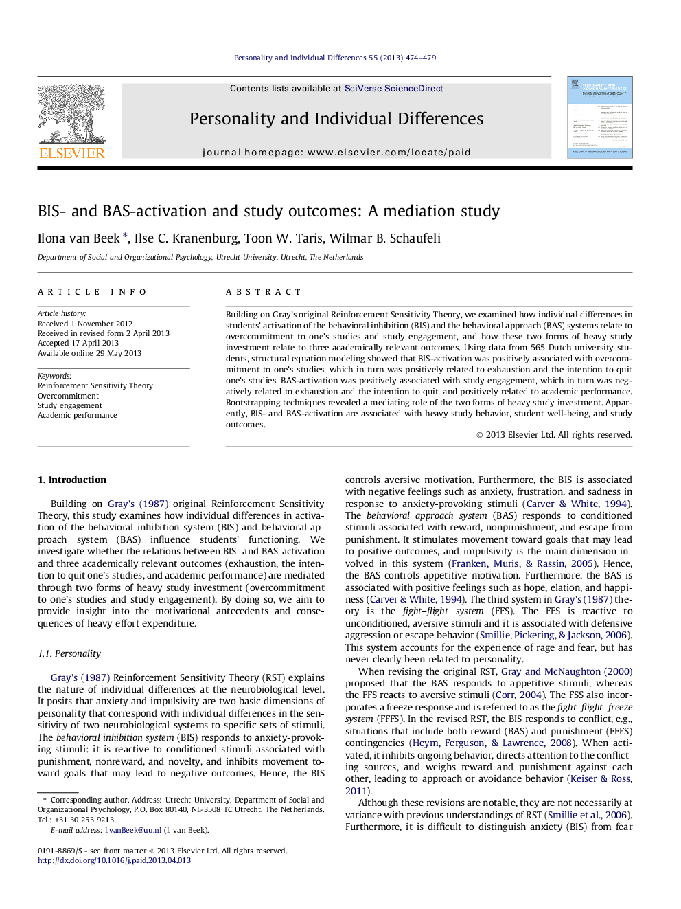 BIS- and BAS-activation and study outcomes: A mediation study