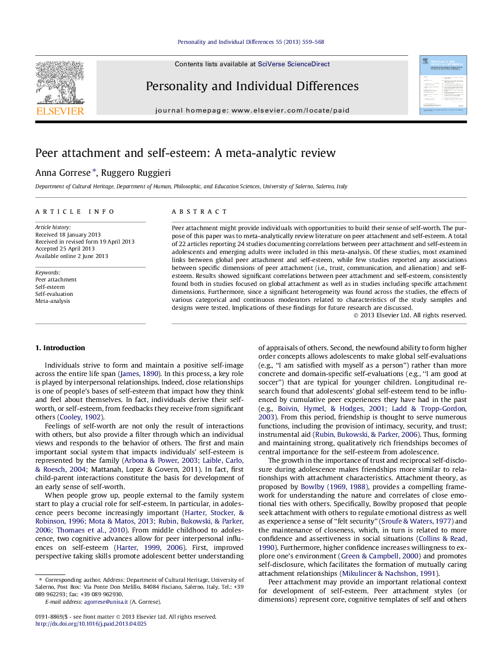 Peer attachment and self-esteem: A meta-analytic review