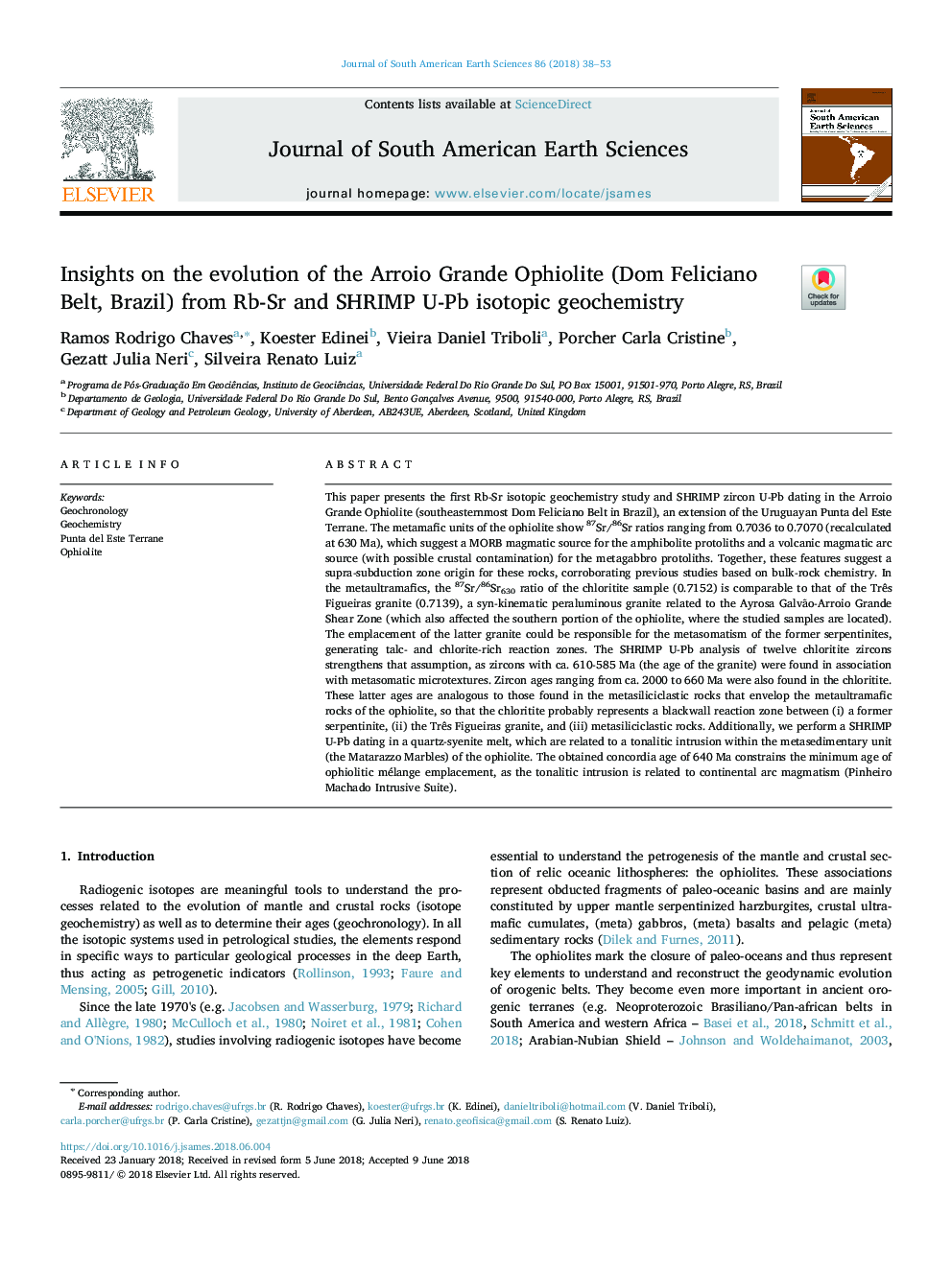 Insights on the evolution of the Arroio Grande Ophiolite (Dom Feliciano Belt, Brazil) from Rb-Sr and SHRIMP U-Pb isotopic geochemistry
