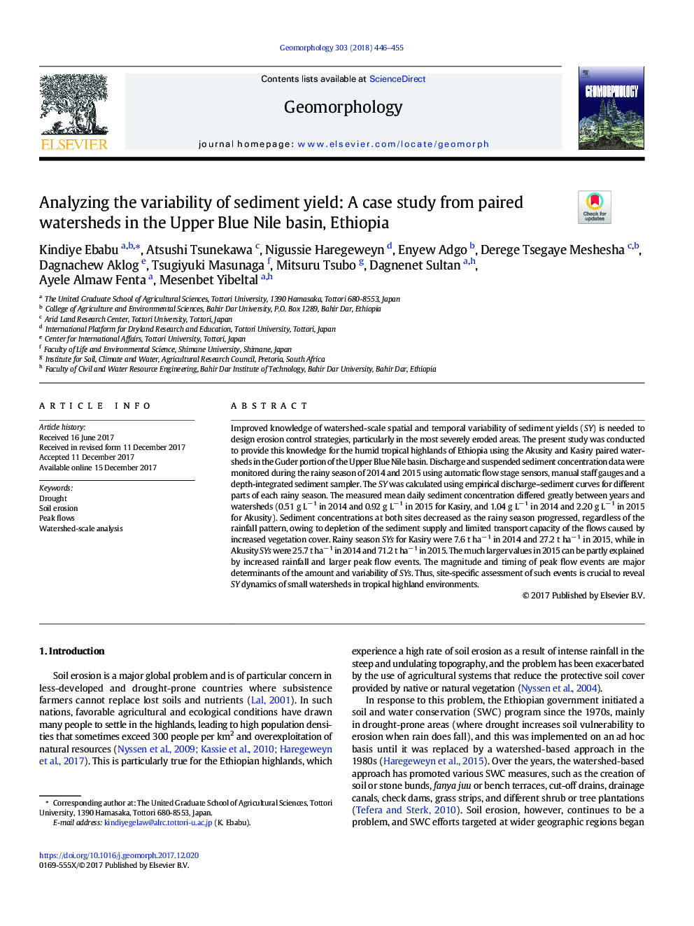 تجزیه و تحلیل تنوع عملکرد رسوب: مطالعه موردی از حوضه های بخار در حوضه آبی نیل بالایی، اتیوپی