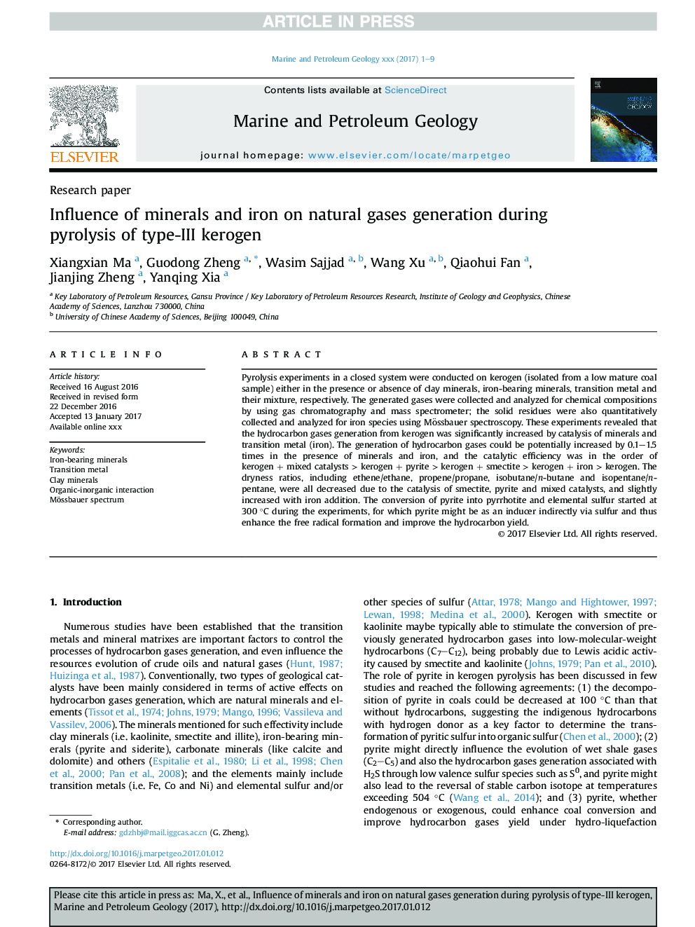 Influence of minerals and iron on natural gases generation during pyrolysis of type-III kerogen