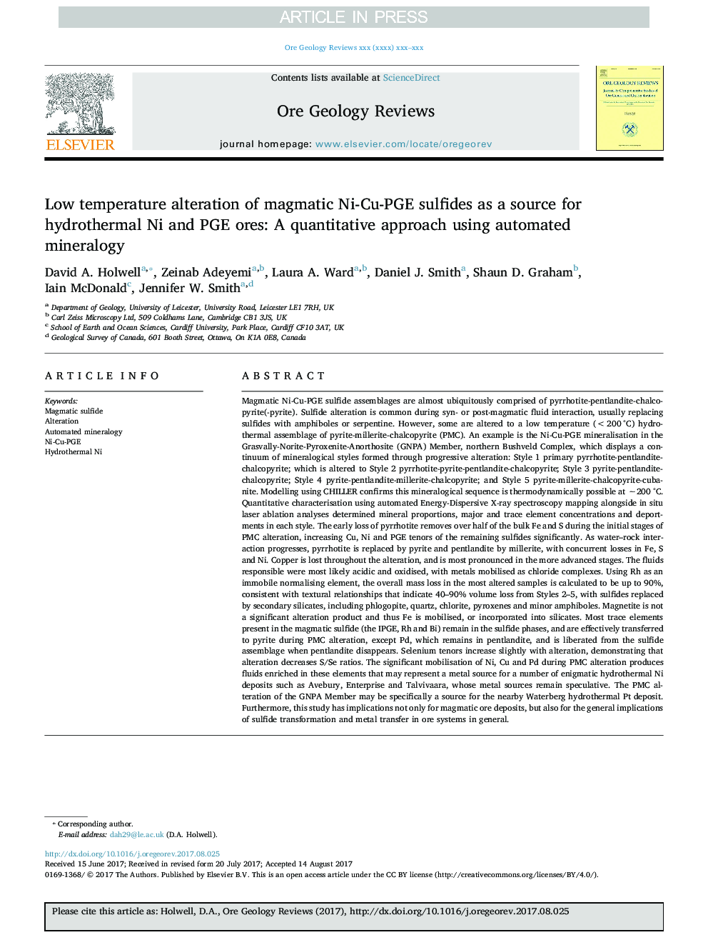 Low temperature alteration of magmatic Ni-Cu-PGE sulfides as a source for hydrothermal Ni and PGE ores: A quantitative approach using automated mineralogy