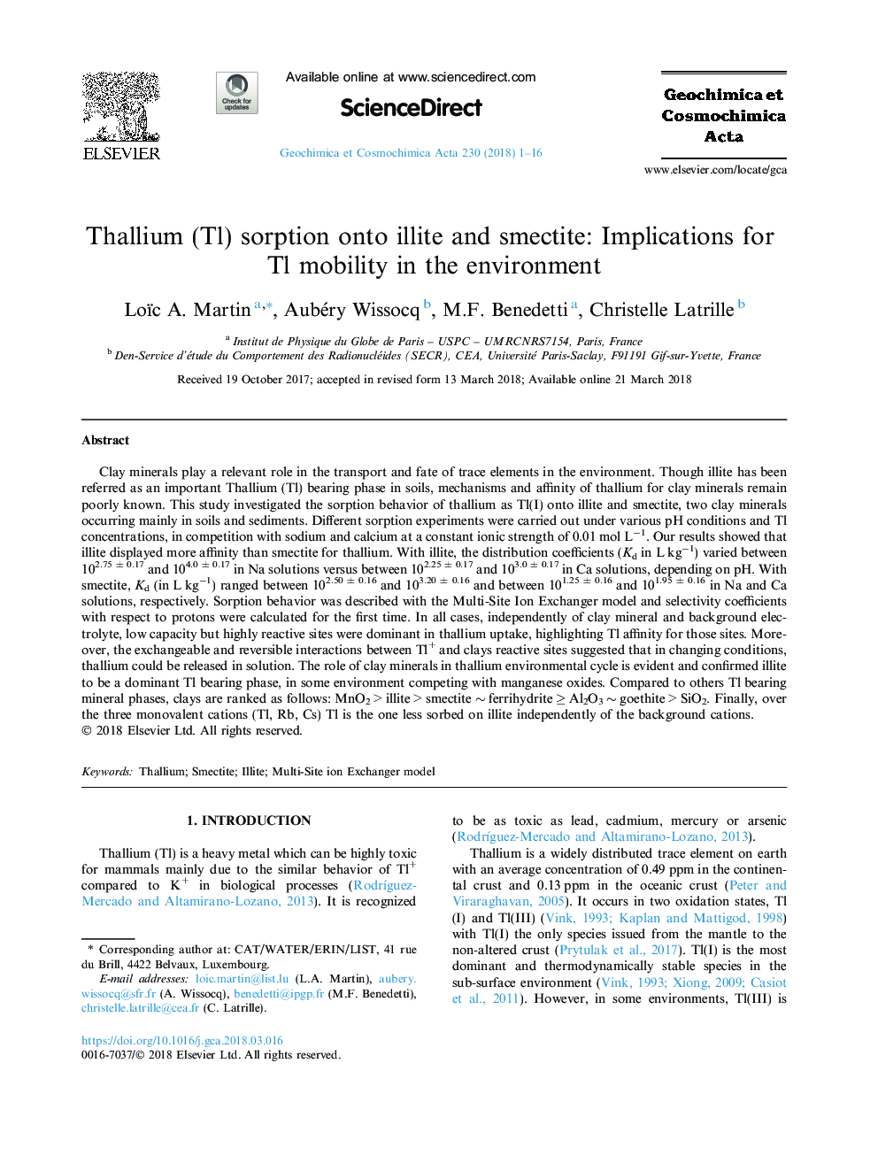 Thallium (Tl) sorption onto illite and smectite: Implications for Tl mobility in the environment