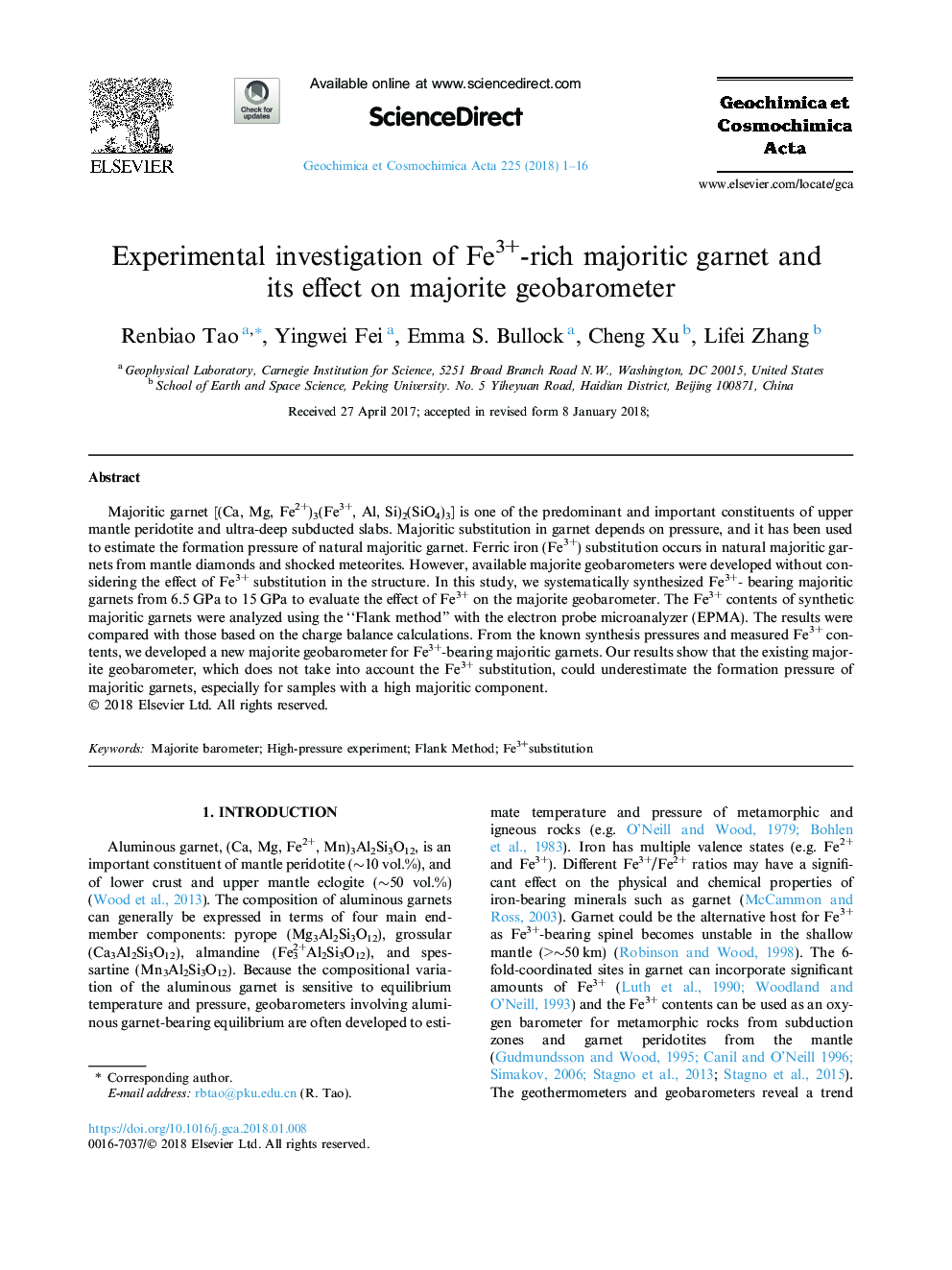 Experimental investigation of Fe3+-rich majoritic garnet and its effect on majorite geobarometer