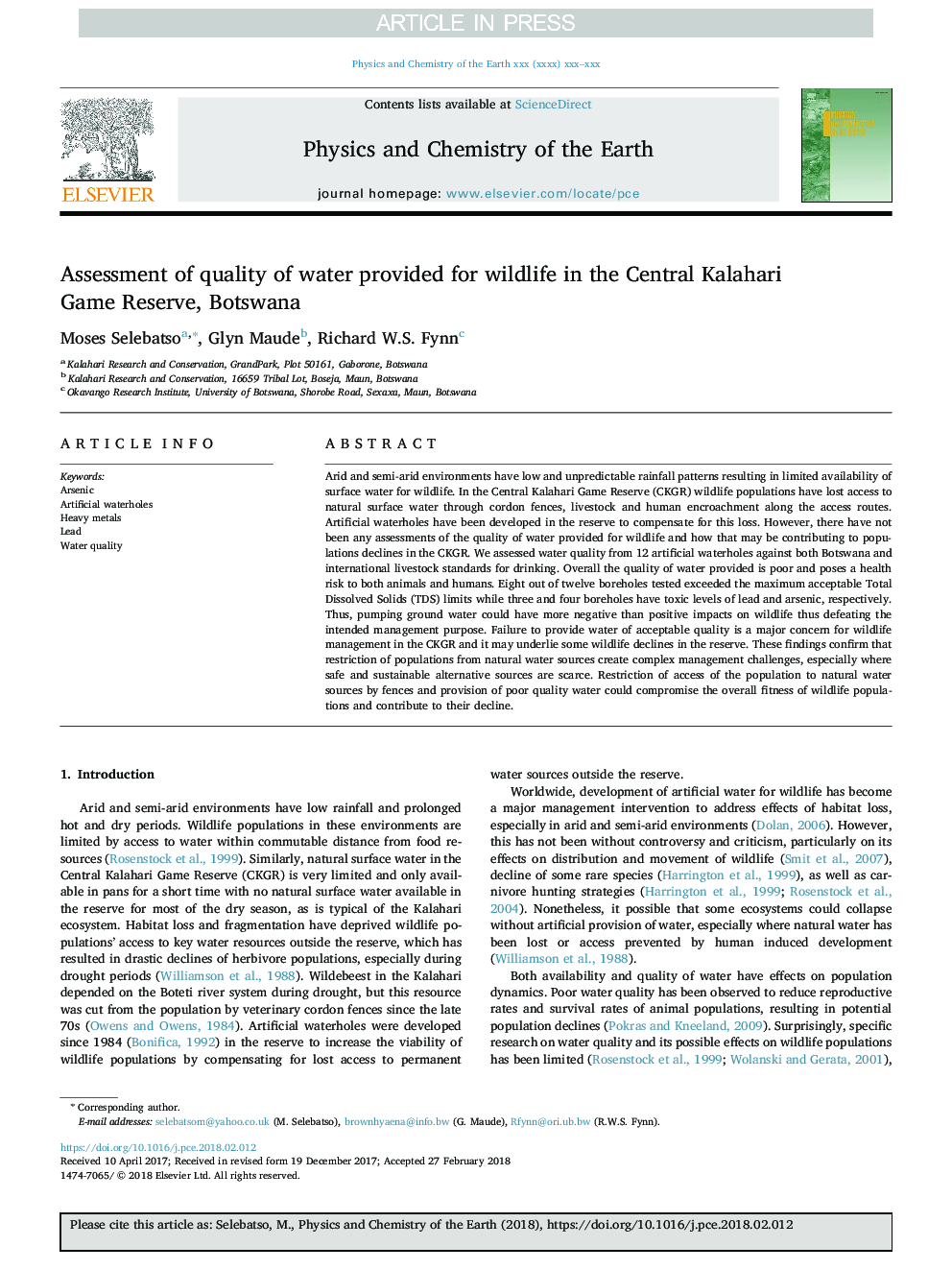 Assessment of quality of water provided for wildlife in the Central Kalahari Game Reserve, Botswana
