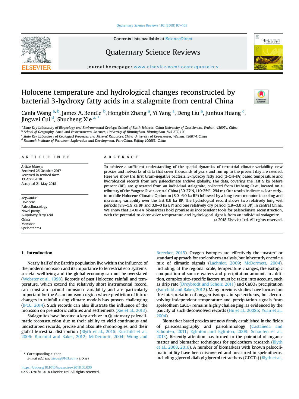 تغییرات هولوسن و تغییرات هیدرولوژیکی توسط اسیدهای چرب 3-هیدروکسی باکتریایی در یک استالاگمیت از مرکز مرکزی چین
