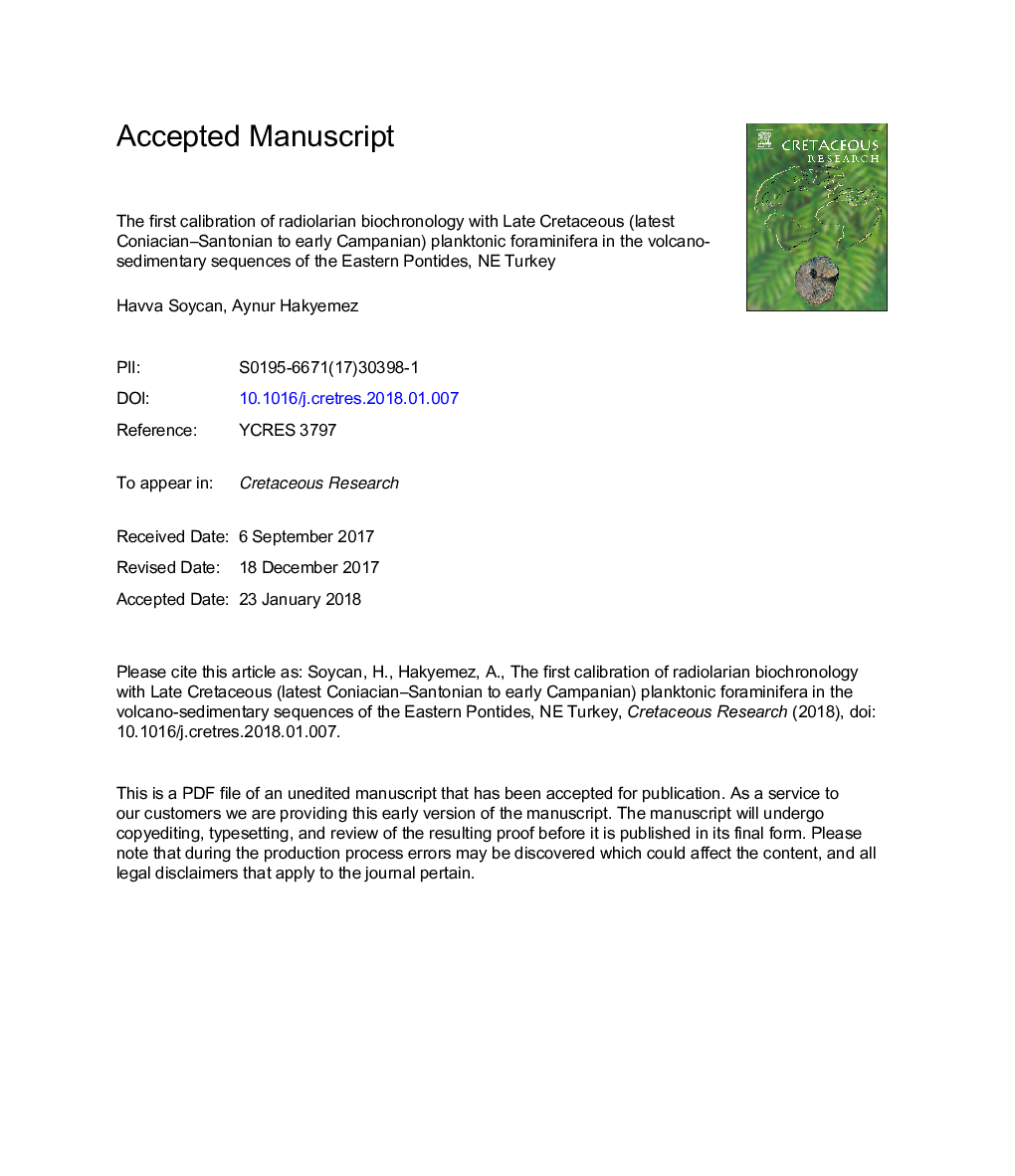 اولین کالیبراسیون زیست شناختی رادیولار با کرتاسه پسین (آخرین کانیاسیان-سانتونیان به کمپانی پیشین) فرامینیفر پلانکتونی در توالی های رسوبی آتشفشان پونتدی شرقی، شمال غربی ترکیه