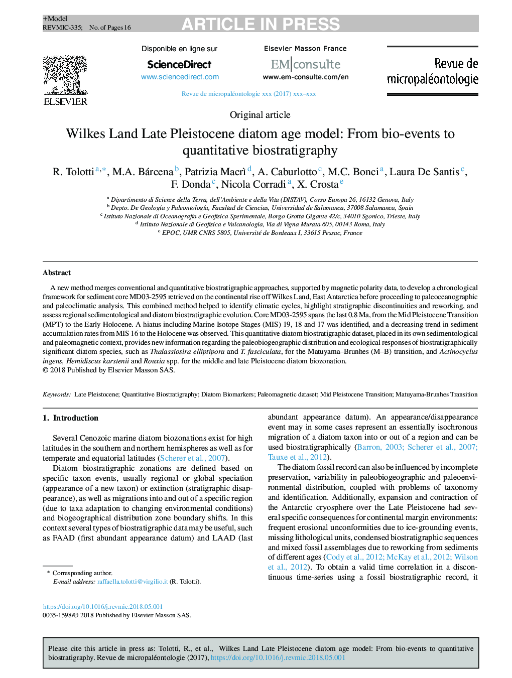 Wilkes Land Late Pleistocene diatom age model: From bio-events to quantitative biostratigraphy
