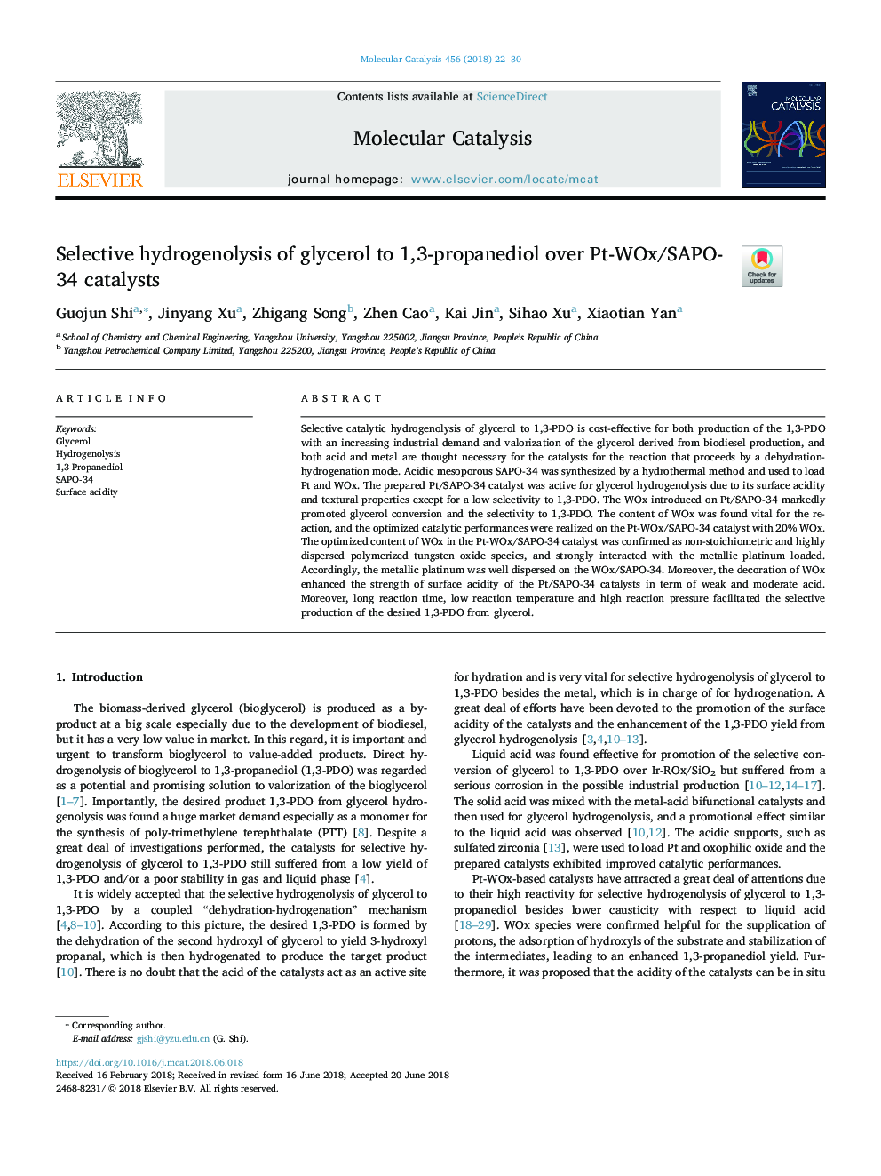 Selective hydrogenolysis of glycerol to 1,3-propanediol over Pt-WOx/SAPO-34 catalysts