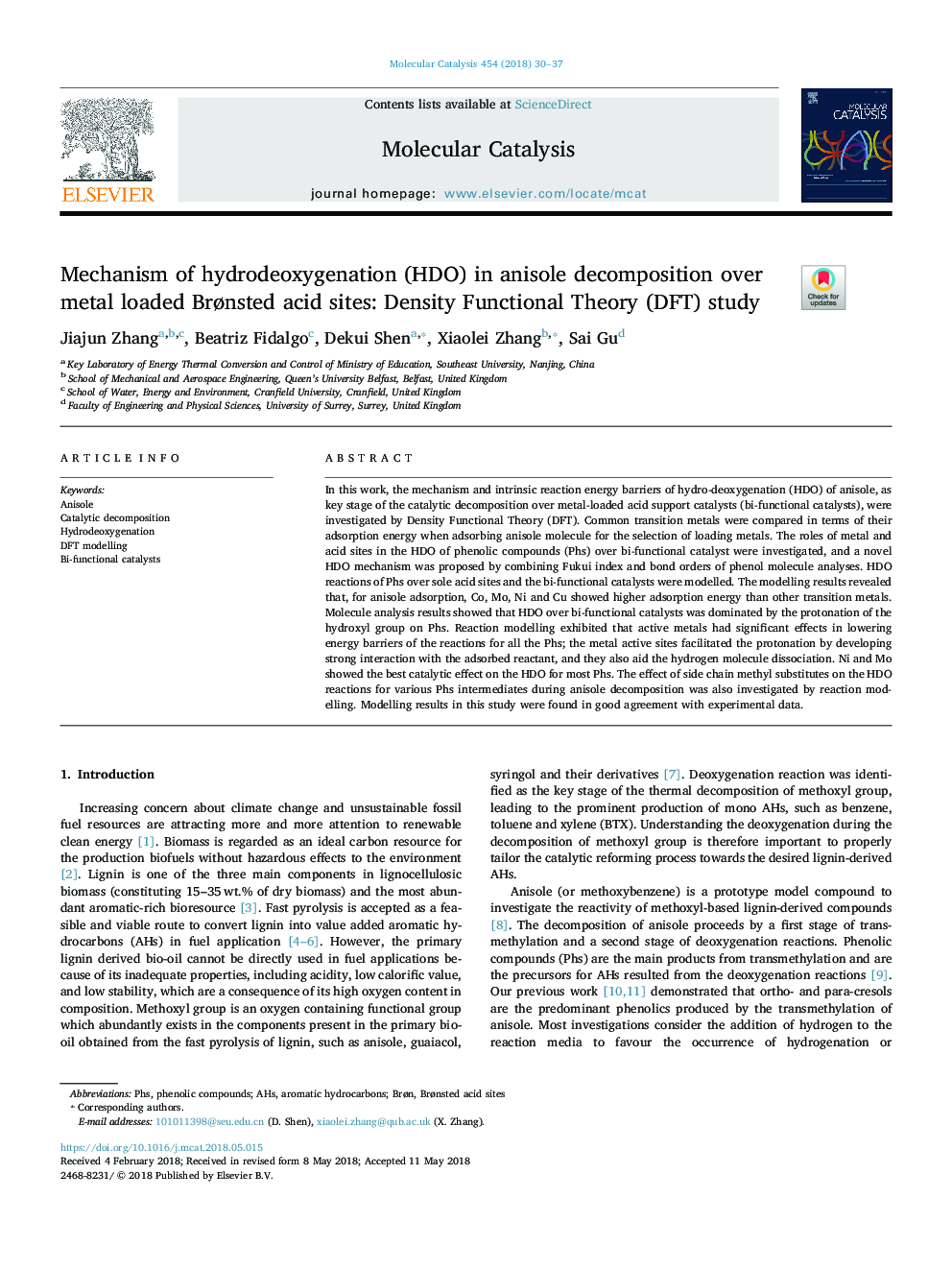 Mechanism of hydrodeoxygenation (HDO) in anisole decomposition over metal loaded BrÃ¸nsted acid sites: Density Functional Theory (DFT) study