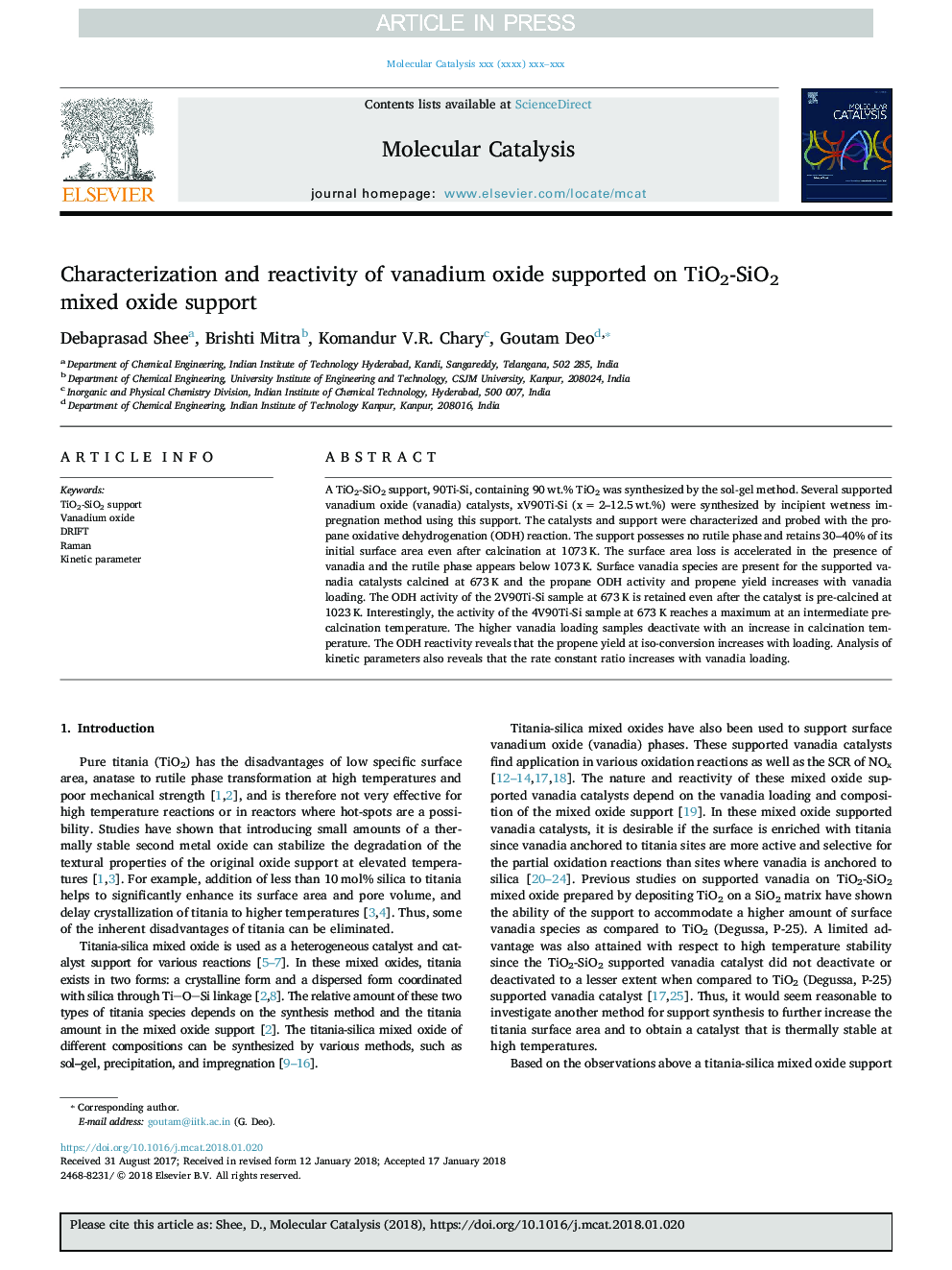 Characterization and reactivity of vanadium oxide supported on TiO2-SiO2 mixed oxide support