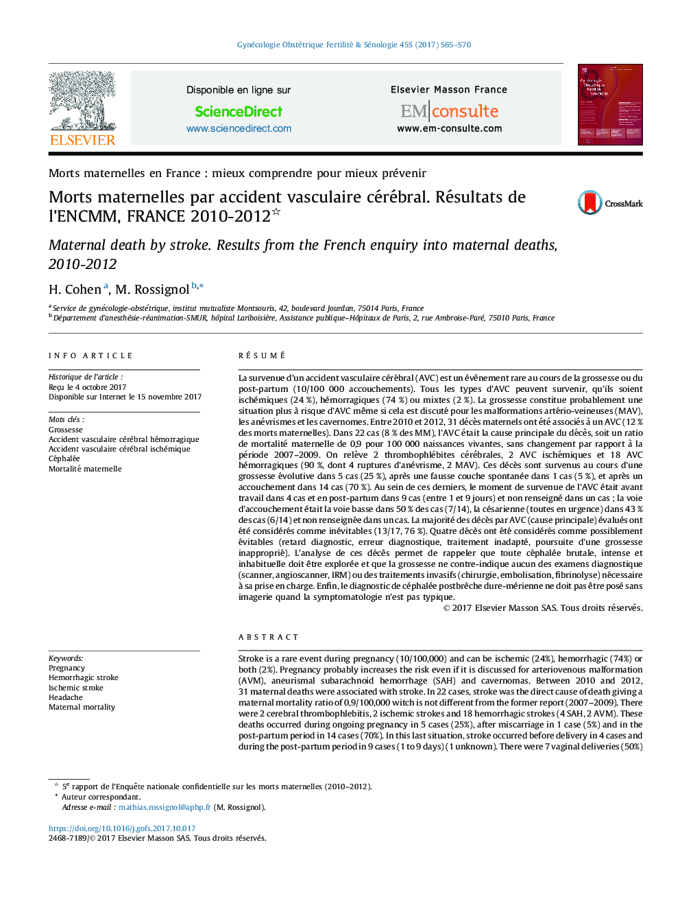 Morts maternelles par accident vasculaire cérébral. Résultats de l'ENCMM, FRANCE 2010-2012