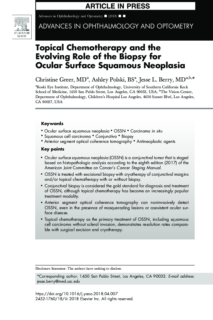 Topical Chemotherapy and the Evolving Role of the Biopsy for Ocular Surface Squamous Neoplasia