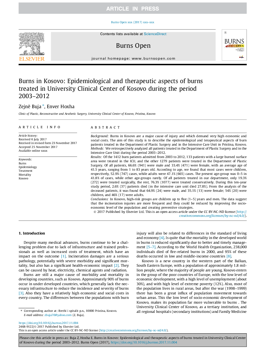 برنز در کوزوو: جنبه های اپیدمیولوژیک و درمانی سوختگی های درمان شده در مرکز کلینیکی دانشگاه کوزوو در دوره 2003-2012