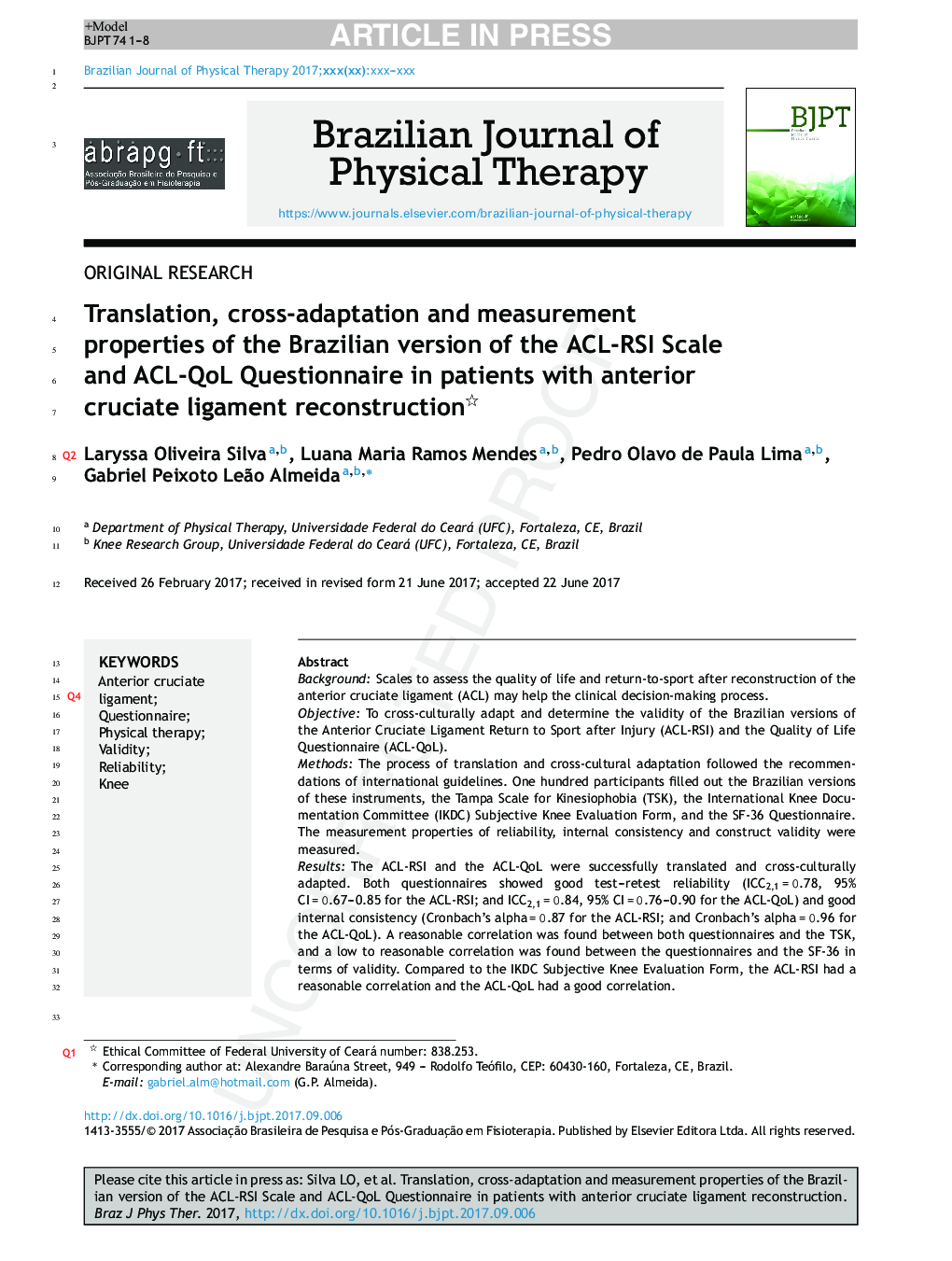 Translation, cross-adaptation and measurement properties of the Brazilian version of the ACL-RSI Scale and ACL-QoL Questionnaire in patients with anterior cruciate ligament reconstruction