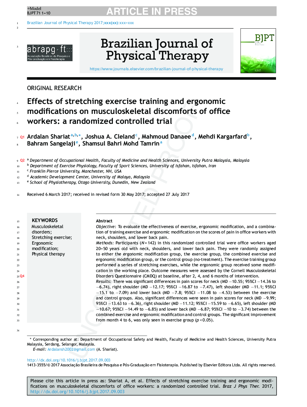 تأثیر تمرینات کششی و تغییرات ارگونومیک در ناراحتی های اسکلتی عضلانی کارکنان اداری: یک کارآزمایی کنترل شده تصادفی