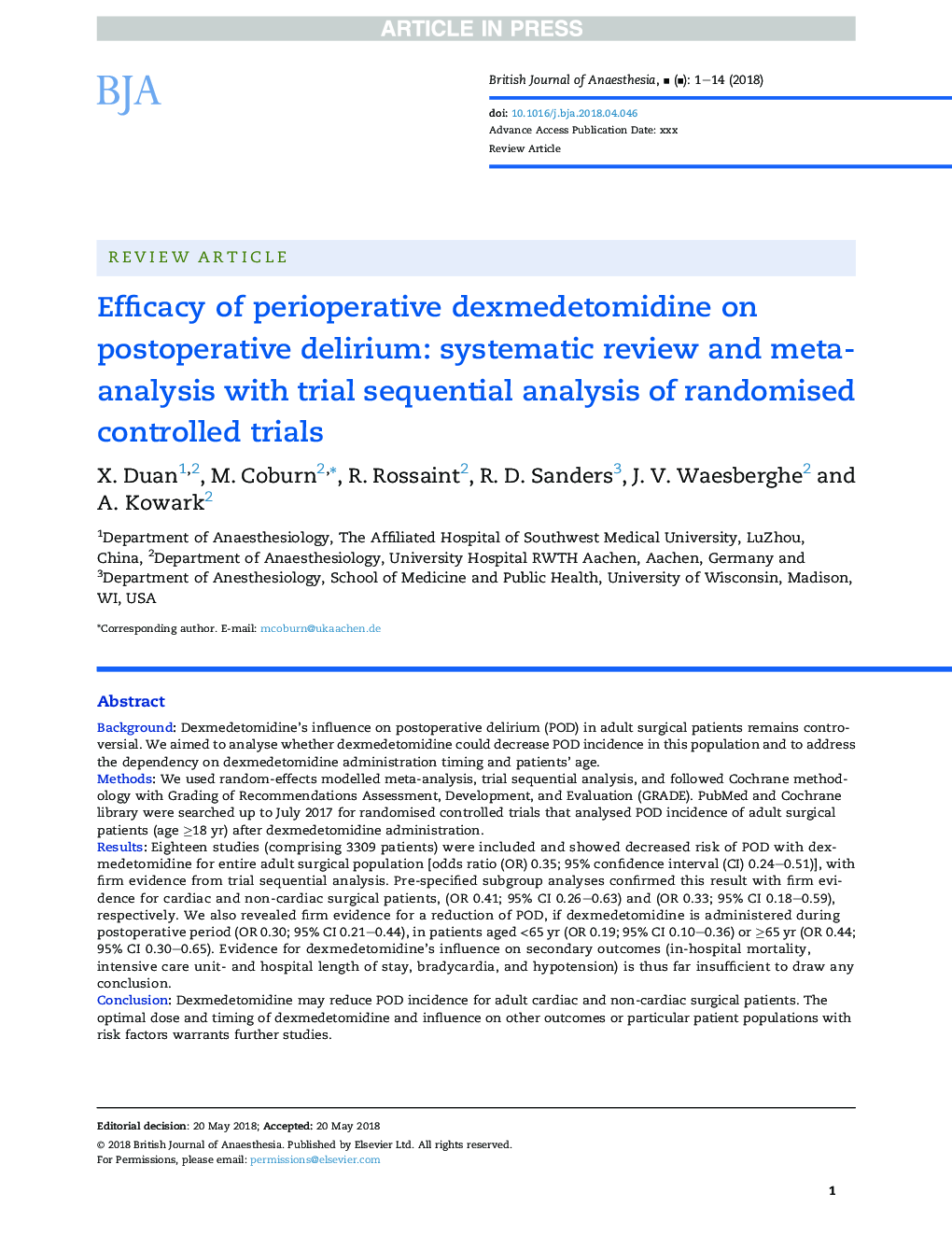 Efficacy of perioperative dexmedetomidine on postoperative delirium: systematic review and meta-analysis with trial sequential analysis of randomised controlled trials