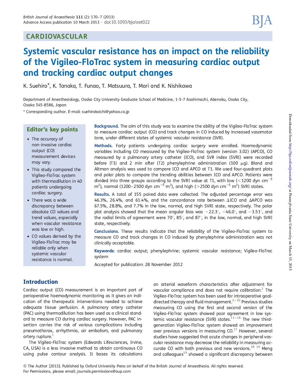Systemic vascular resistance has an impact on the reliability of the Vigileo-FloTrac system in measuring cardiac output and tracking cardiac output changes