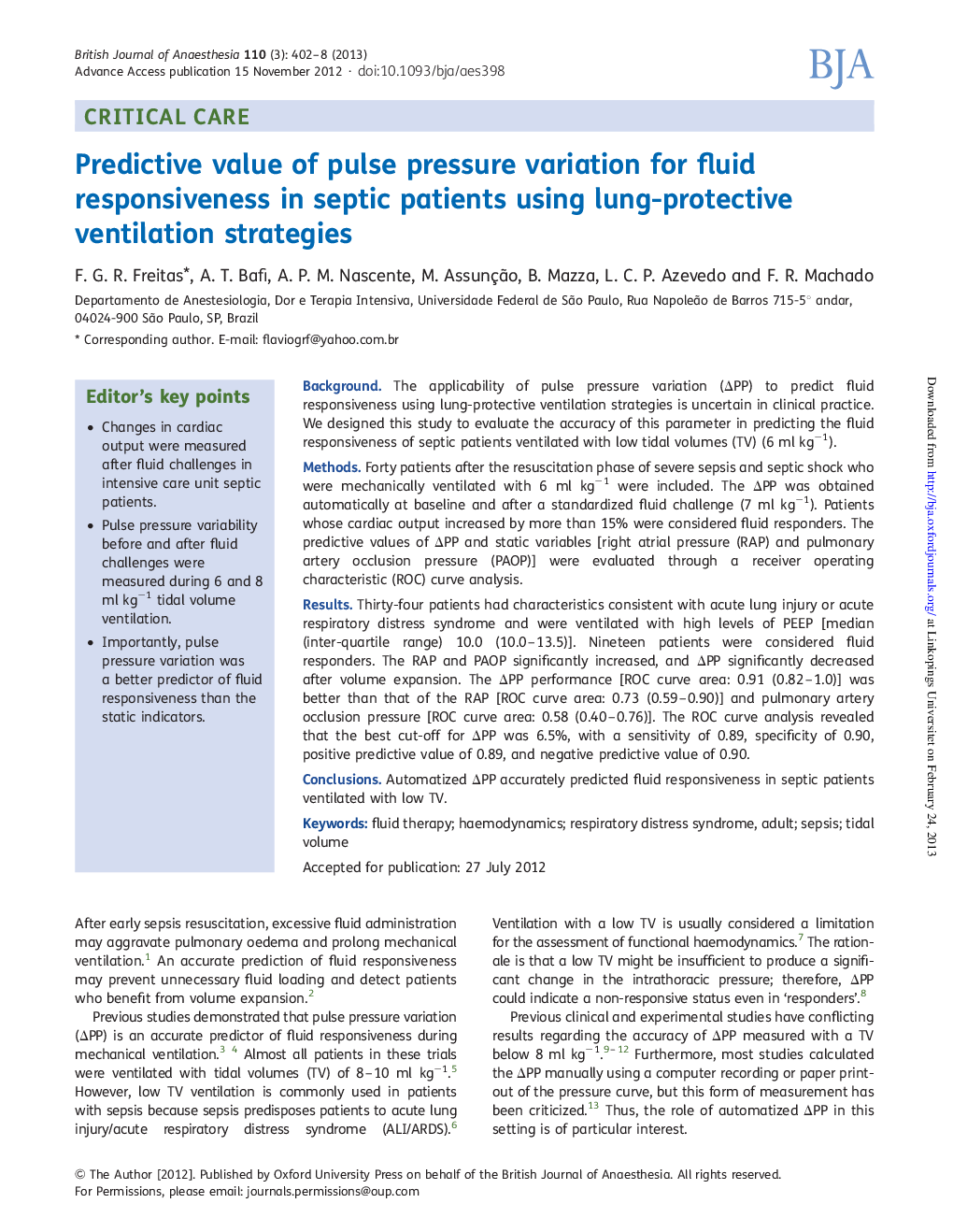 ارزش پیش بینی کننده تغییرات فشار پالس برای واکنش مایع در بیماران سپتیک با استفاده از استراتژی تهویه ریه 