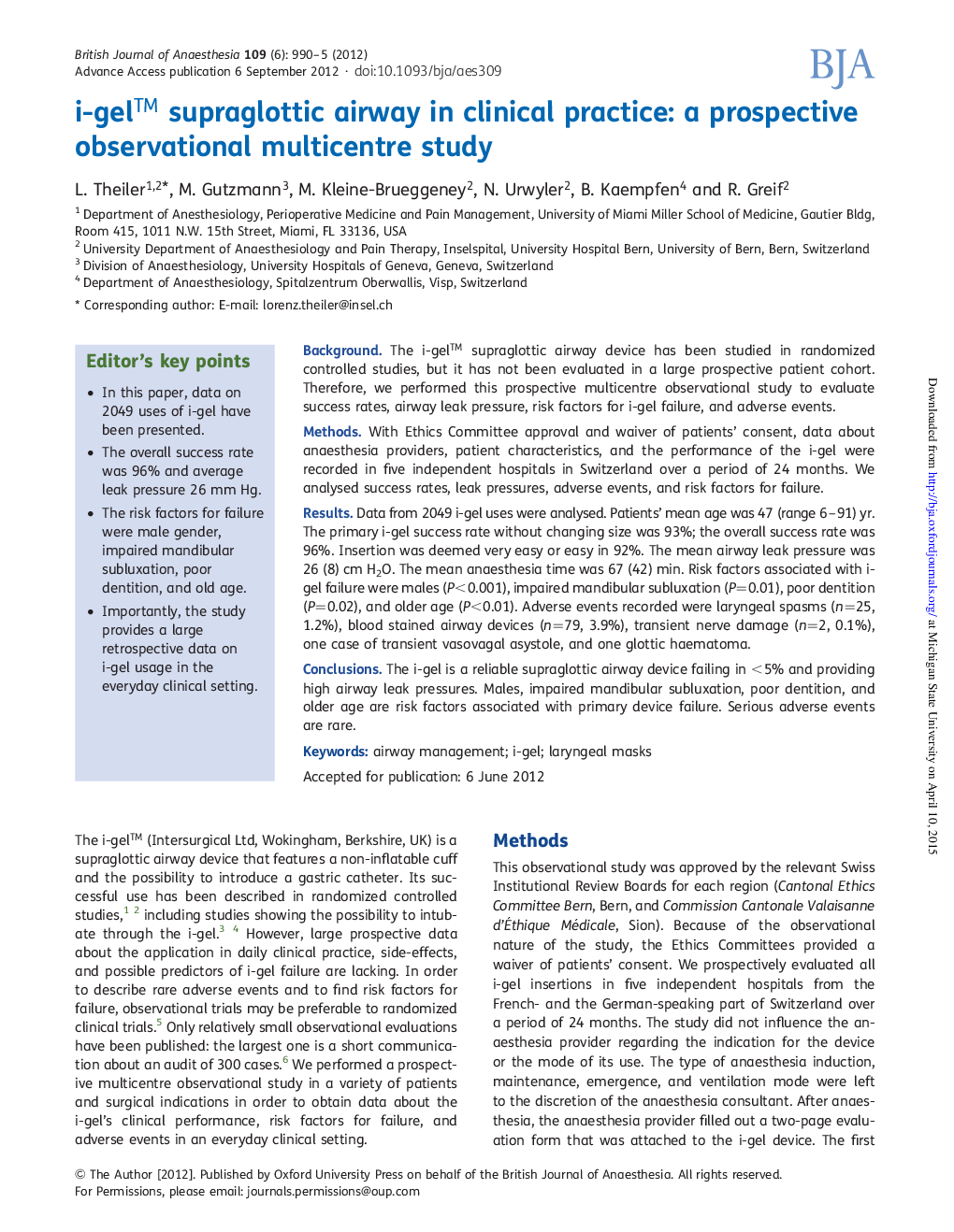 i-gelâ¢ supraglottic airway in clinical practice: a prospective observational multicentre study