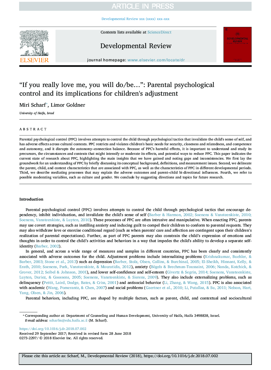 “If you really love me, you will do/beâ¦”: Parental psychological control and its implications for children's adjustment