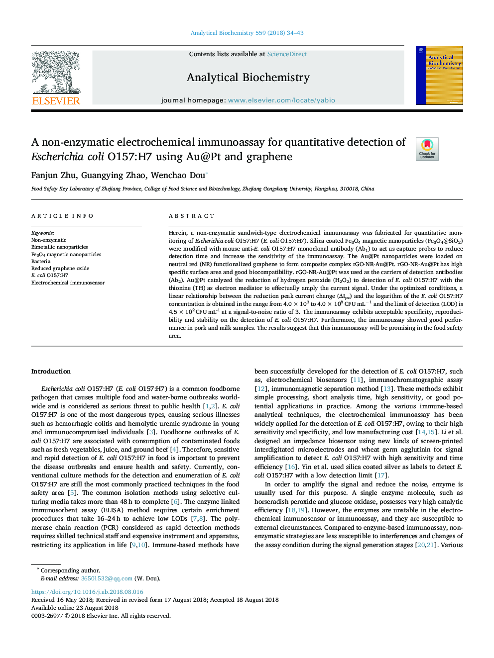 A non-enzymatic electrochemical immunoassay for quantitative detection of Escherichia coli O157:H7 using Au@Pt and graphene