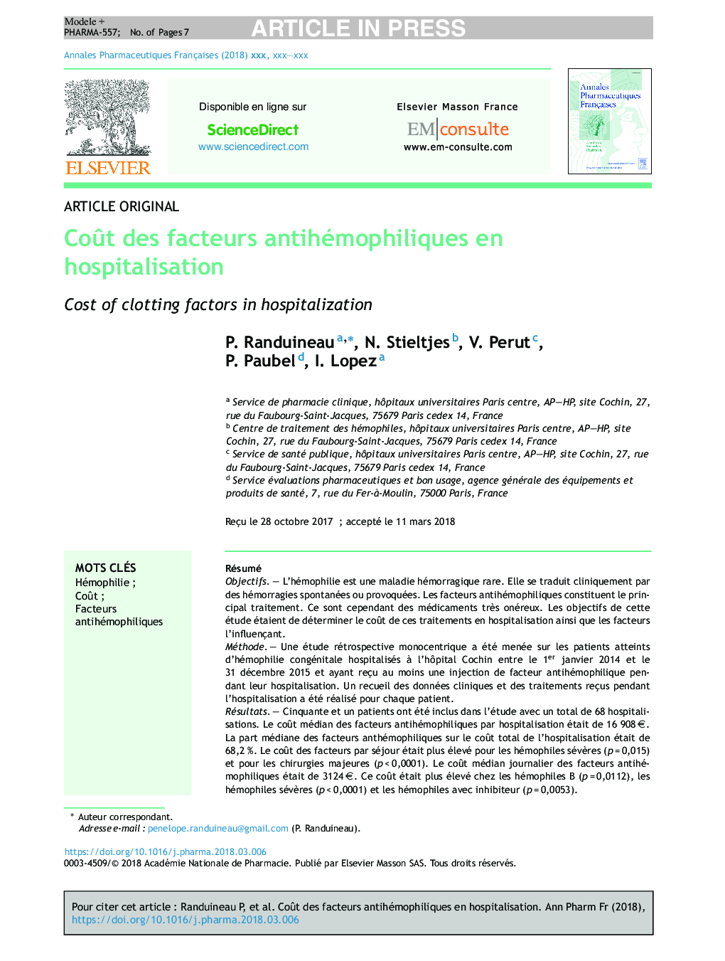 CoÃ»t des facteurs antihémophiliques en hospitalisation