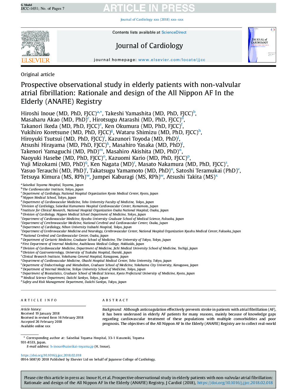 Prospective observational study in elderly patients with non-valvular atrial fibrillation: Rationale and design of the All Nippon AF In the Elderly (ANAFIE) Registry