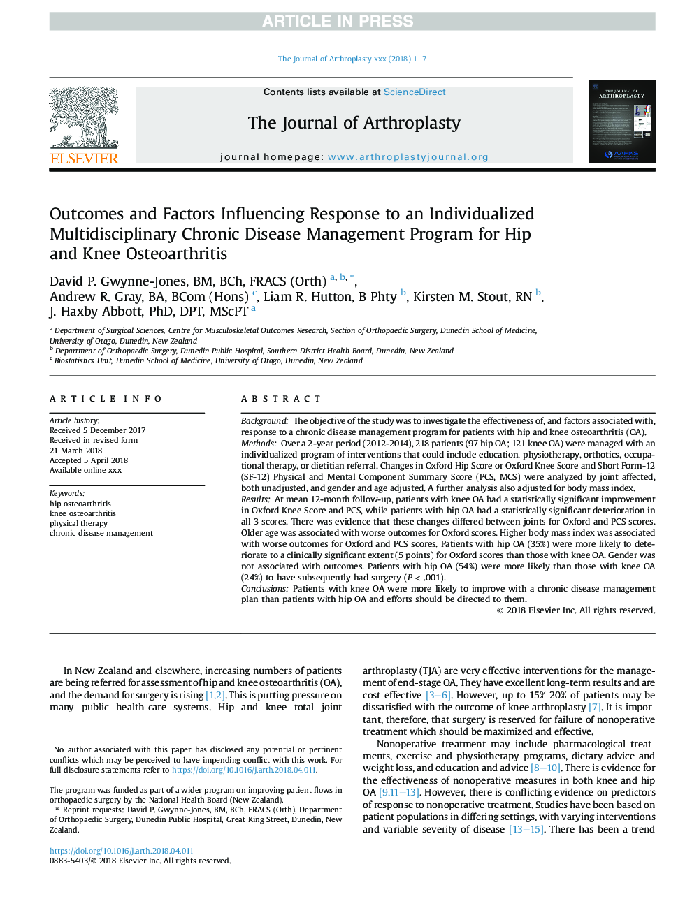 نتایج و عوامل موثر بر پاسخ به یک برنامه مداخله متخصصی در زمینه های مختلف بیماری مزمن برای استئوآرتریت هیپ و زانو