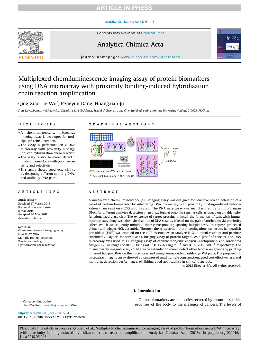 Multiplexed chemiluminescence imaging assay of protein biomarkers using DNA microarray with proximity binding-induced hybridization chain reaction amplification