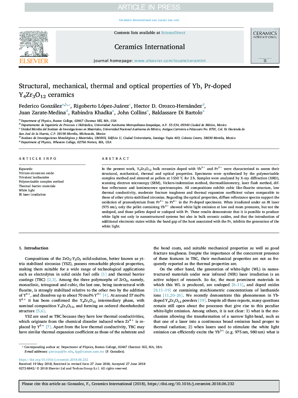 Structural, mechanical, thermal and optical properties of Yb, Pr-doped Y4Zr3O12 ceramics