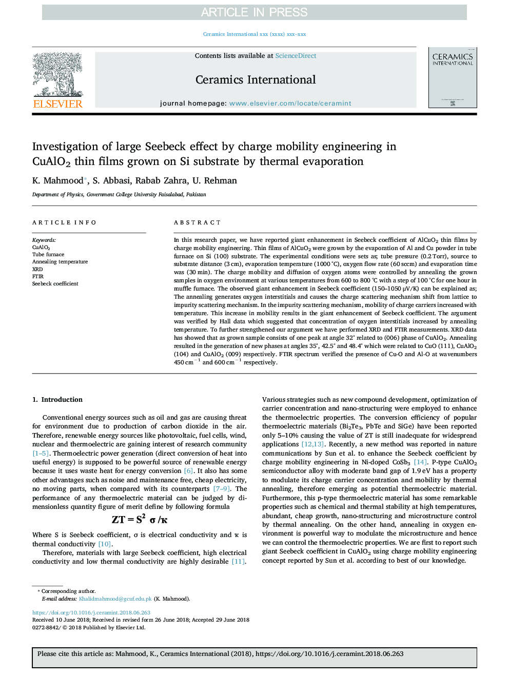 Investigation of large Seebeck effect by charge mobility engineering in CuAlO2 thin films grown on Si substrate by thermal evaporation