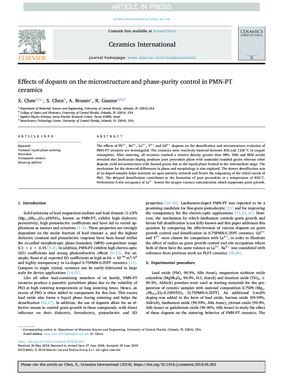 Effects of dopants on the microstructure and phase-purity control in PMN-PT ceramics