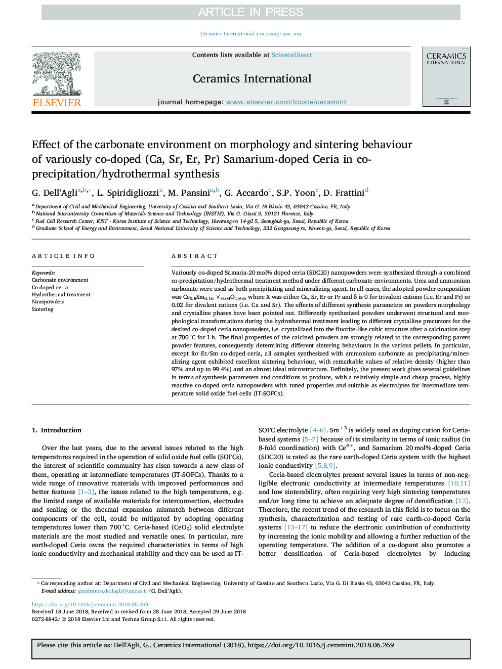 Effect of the carbonate environment on morphology and sintering behaviour of variously co-doped (Ca, Sr, Er, Pr) Samarium-doped Ceria in co-precipitation/hydrothermal synthesis