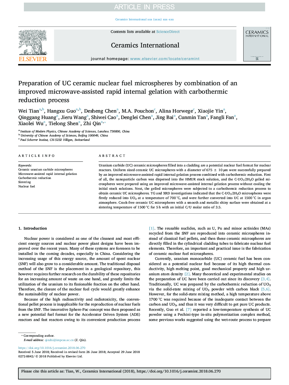 Preparation of UC ceramic nuclear fuel microspheres by combination of an improved microwave-assisted rapid internal gelation with carbothermic reduction process