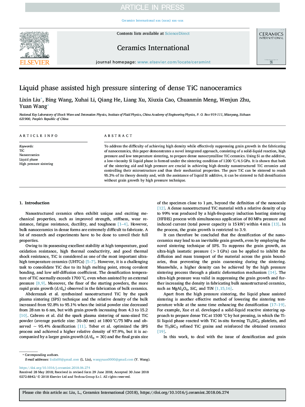 Liquid phase assisted high pressure sintering of dense TiC nanoceramics