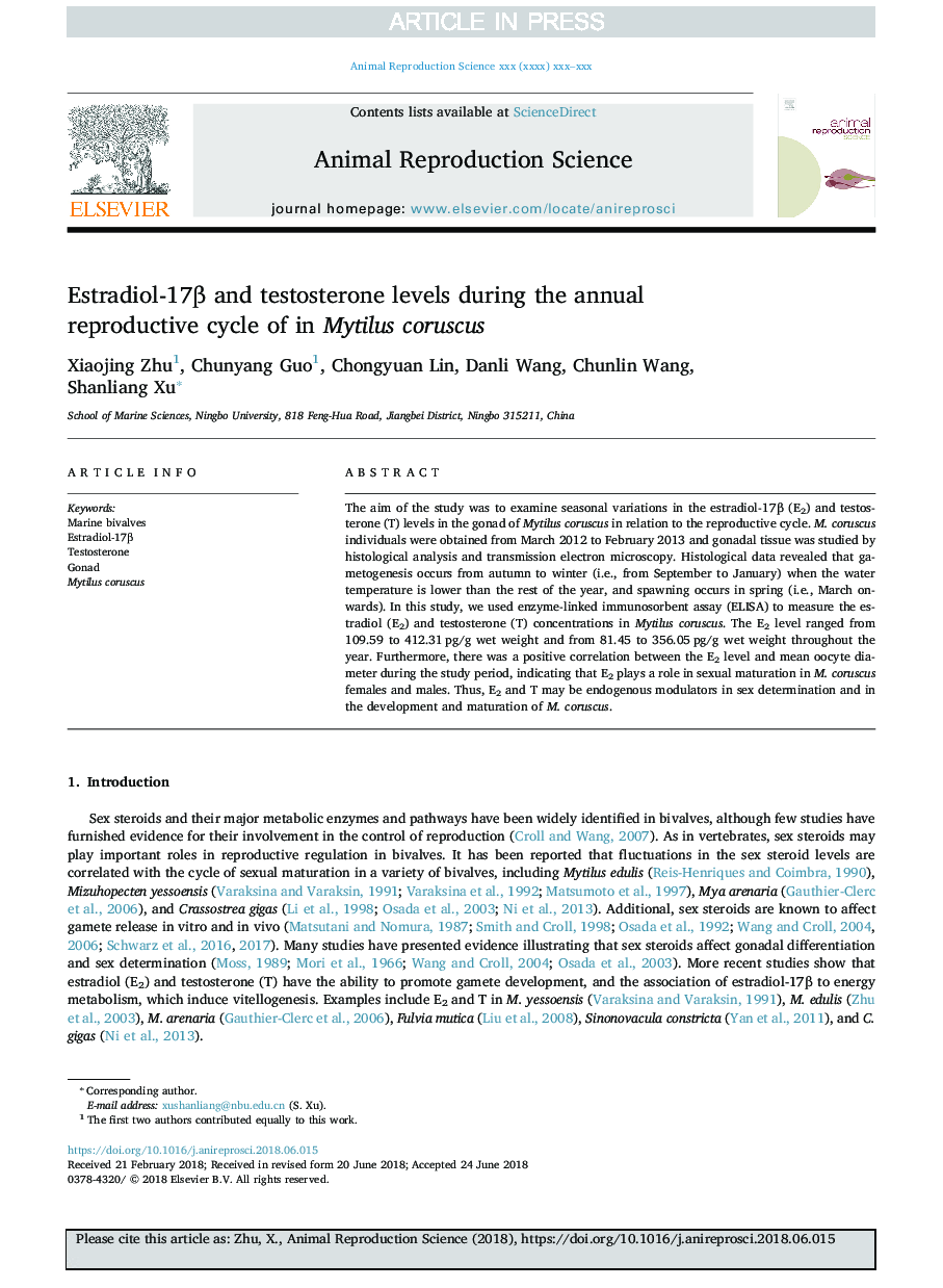 Estradiol-17Î² and testosterone levels during the annual reproductive cycle of in Mytilus coruscus