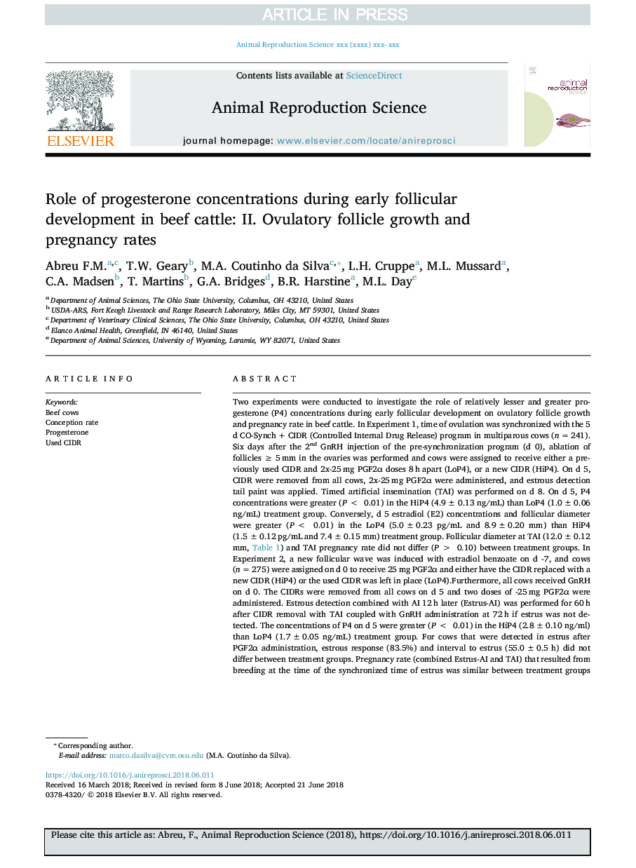 Role of progesterone concentrations during early follicular development in beef cattle: II. Ovulatory follicle growth and pregnancy rates