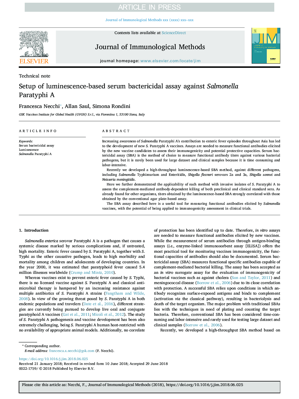 Setup of luminescence-based serum bactericidal assay against Salmonella Paratyphi A