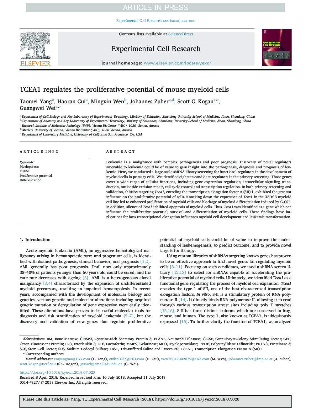 TCEA1 regulates the proliferative potential of mouse myeloid cells