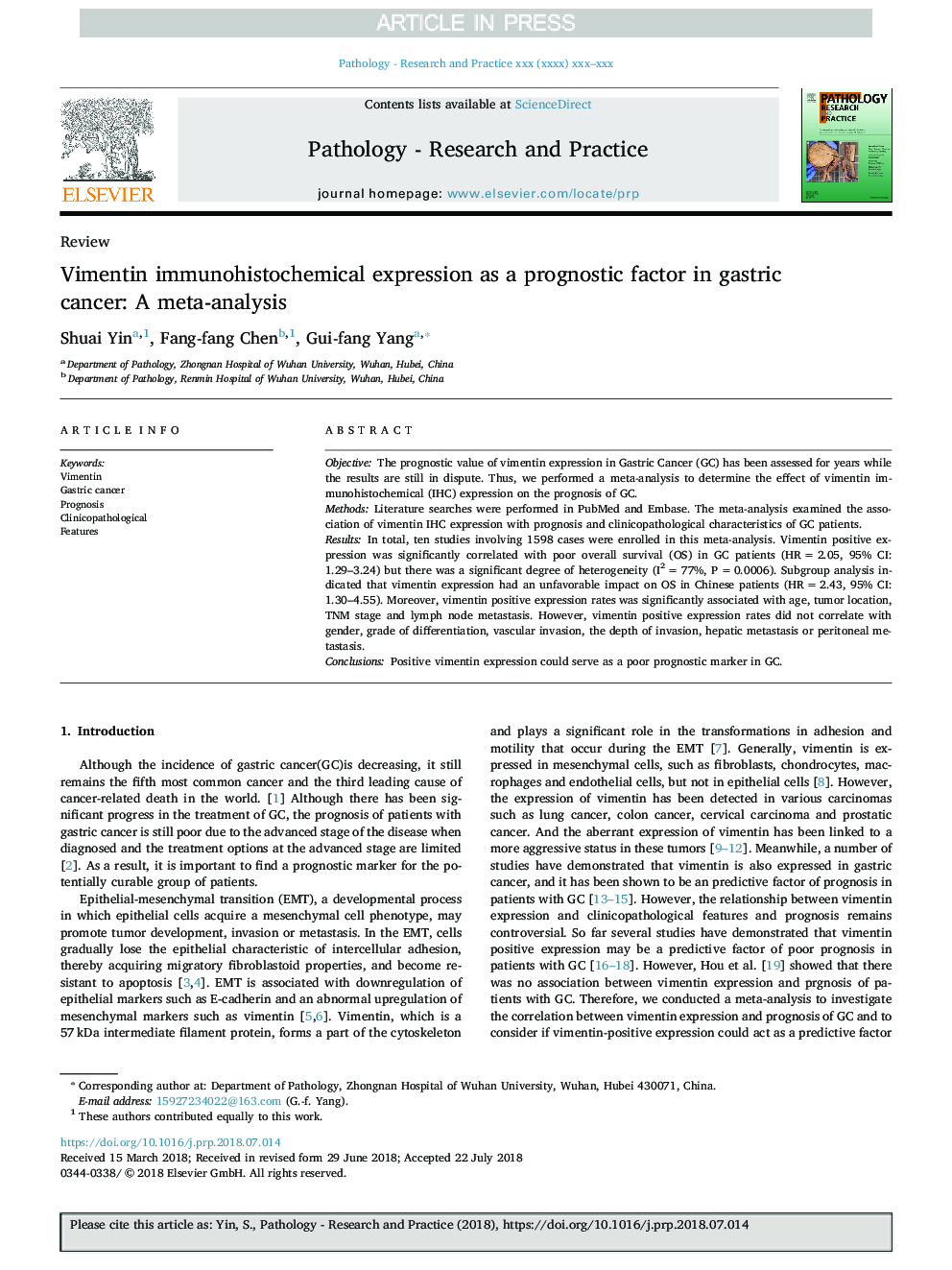 Vimentin immunohistochemical expression as a prognostic factor in gastric cancer: A meta-analysis