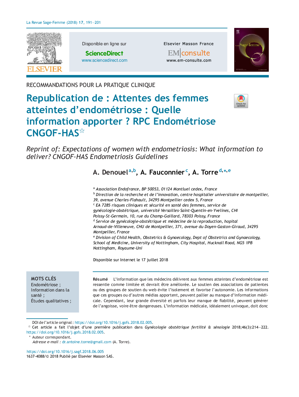 Republication deÂ : Attentes des femmes atteintes d'endométrioseÂ : Quelle information apporterÂ ? RPC Endométriose CNGOF-HAS