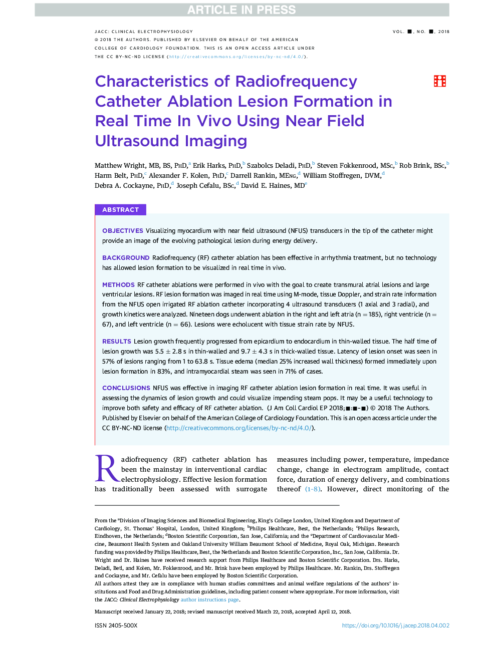 Characteristics of Radiofrequency Catheter Ablation Lesion Formation in Real Time InÂ Vivo Using Near Field Ultrasound Imaging