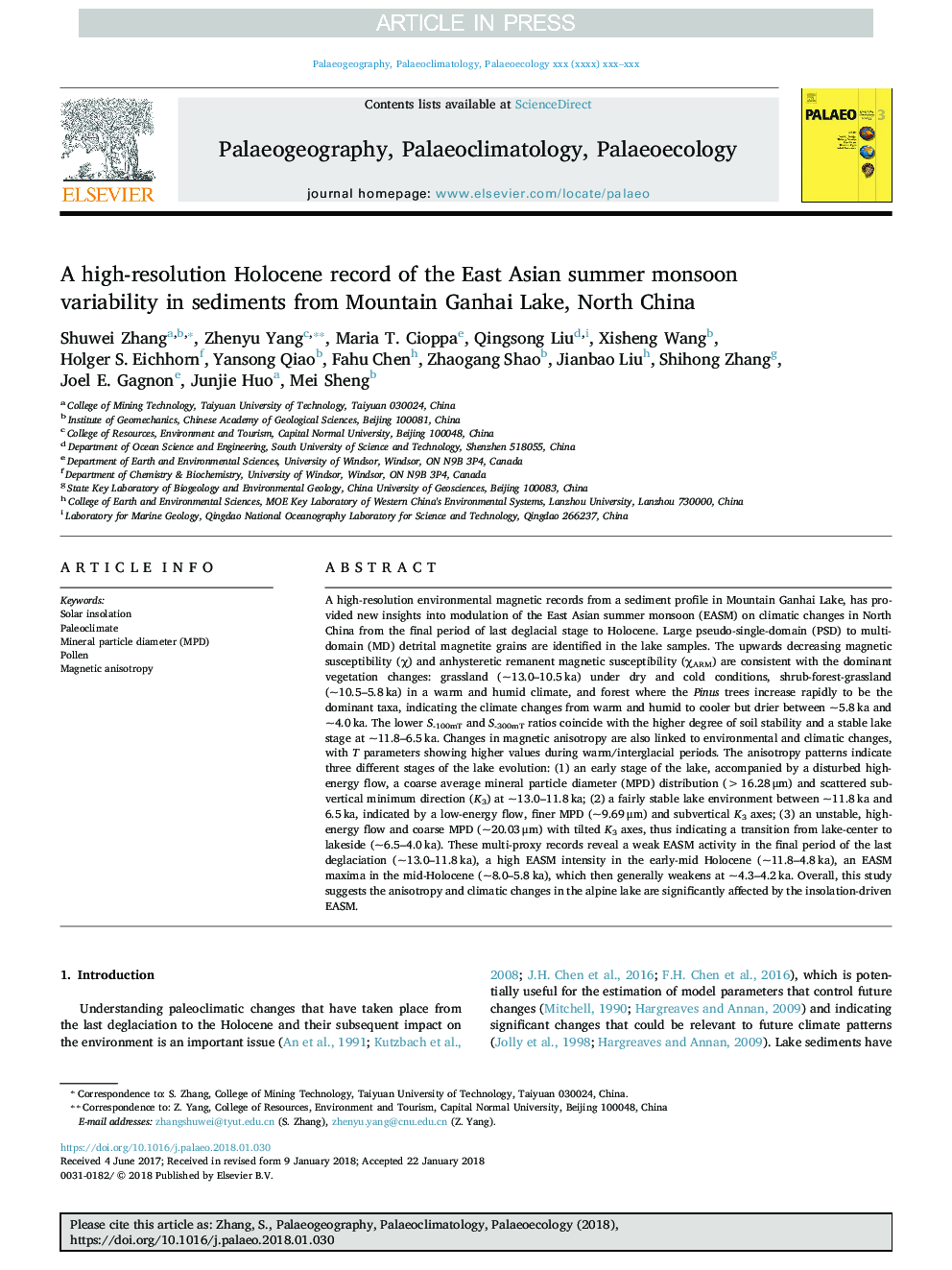 A high-resolution Holocene record of the East Asian summer monsoon variability in sediments from Mountain Ganhai Lake, North China