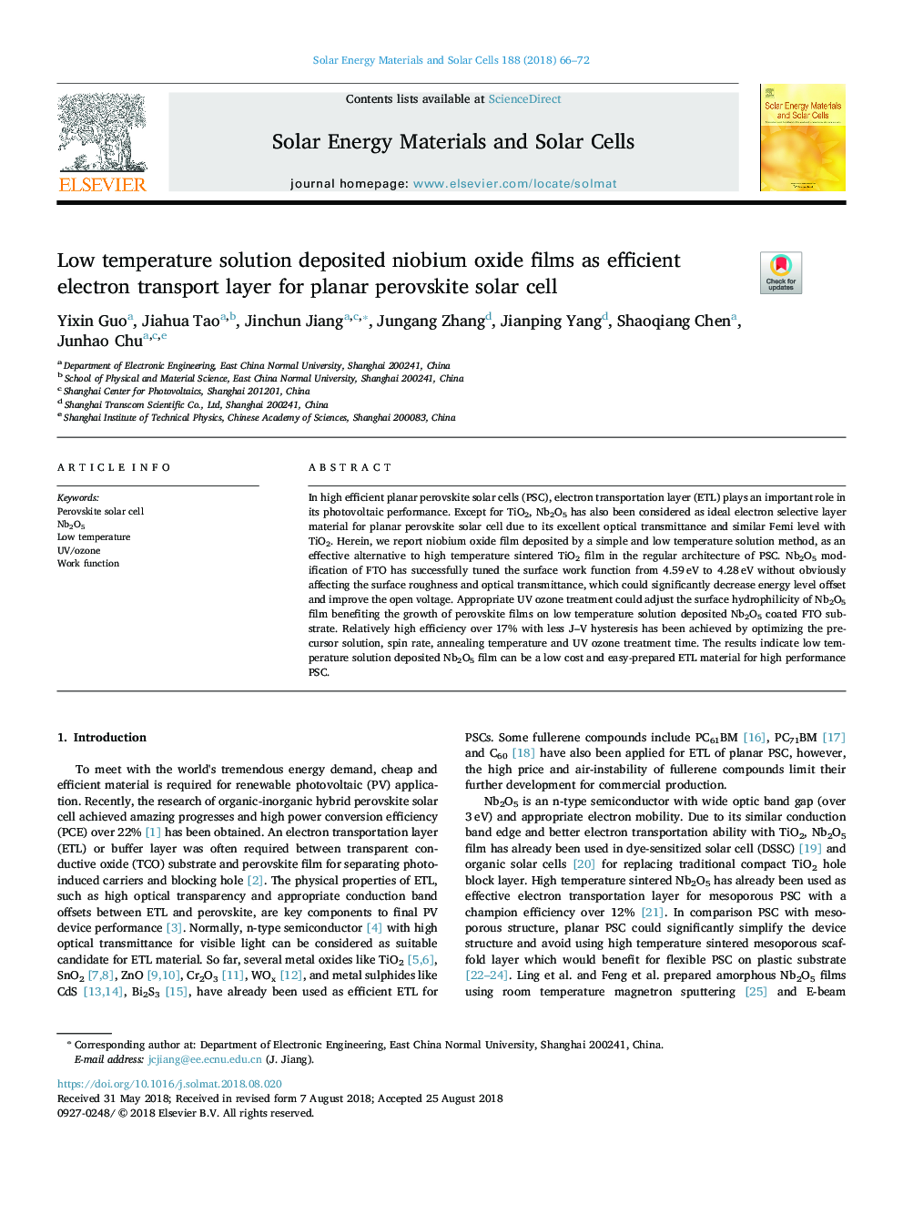 Low temperature solution deposited niobium oxide films as efficient electron transport layer for planar perovskite solar cell